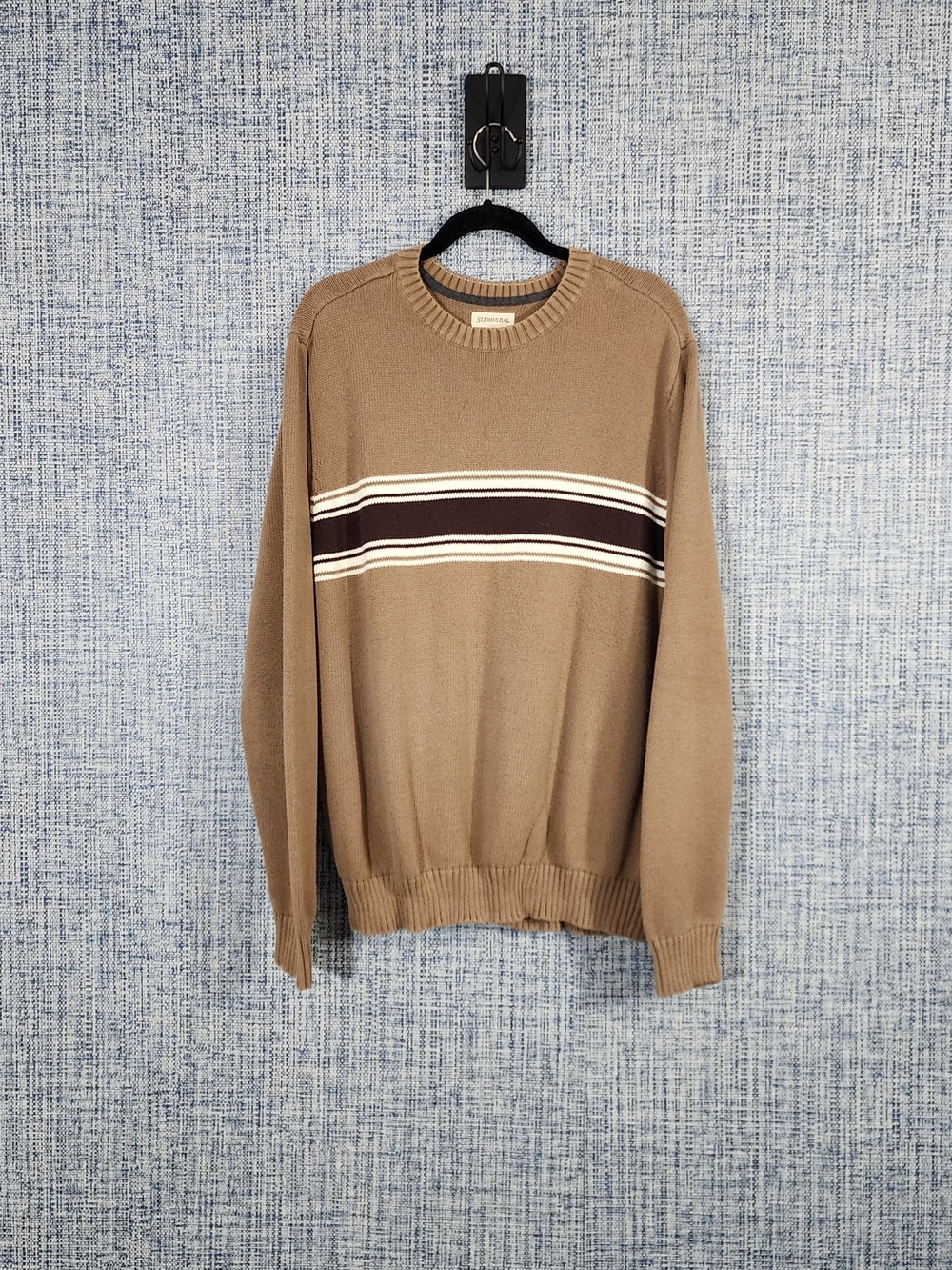 St. John's Bay Tan Crewneck Sweater with Brown and White Stripes